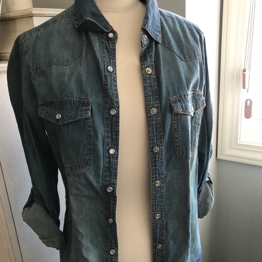 Love Stitch Denim Button Down Top